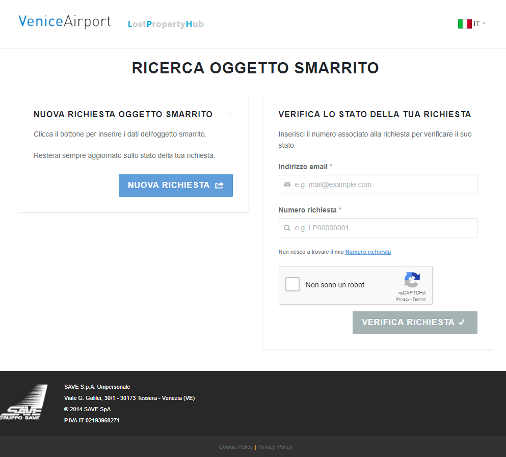 Aeroporto di Venezia pagina web ricerca oggetto smarrito
